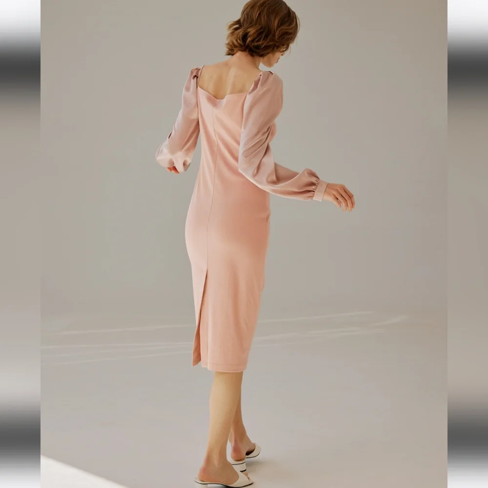 Square Neck Puff Sleeve Midi Dress (Peach Pink) - Nap Loungewear - Picture 3 of 12